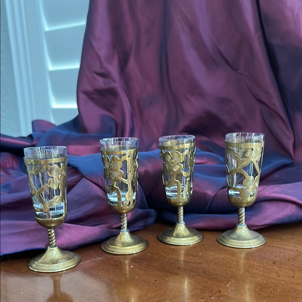 Elegant Brass and Glass Goblet Set of 4